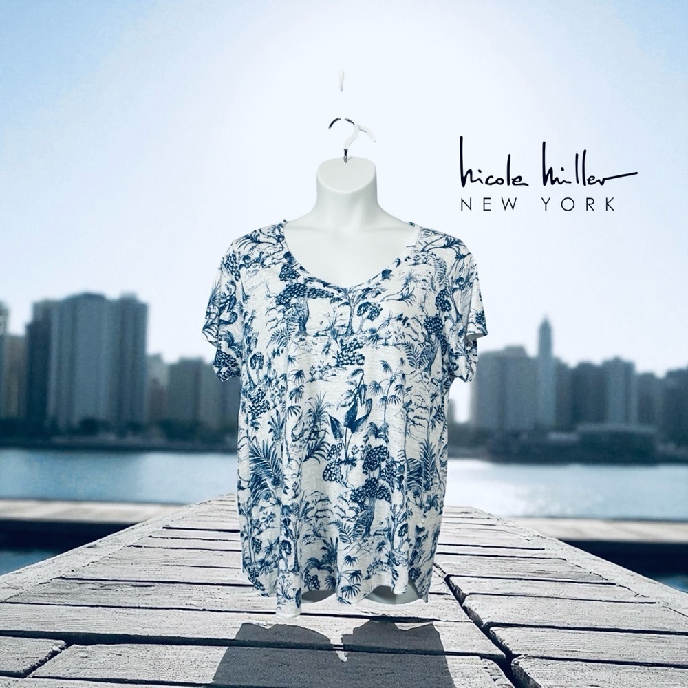 NEW, Nicole Miller New York, Linen T-Shirt - Plus Size 1X, White, Blue